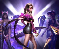 Rule 34 | 3girls, aerith gainsborough, ahri (league of legends), ahri (league of legends) (cosplay), animal ears, ass, bare shoulders, black hair, blue eyes, blurry, blurry background, breasts, brown eyes, brown hair, cleavage, cosplay, crystal tail, evelynn (league of legends), evelynn (league of legends) (cosplay), final fantasy, final fantasy vii, final fantasy vii remake, fingerless gloves, fox ears, fox tail, gloves, hand on own hip, headband, high-waist skirt, highres, jessie rasberry, k/da (league of legends), k/da ahri, k/da evelynn, k/da kai&#039;sa, kai&#039;sa, kai&#039;sa (cosplay), large breasts, league of legends, leotard, liang xing, long hair, looking at viewer, looking over eyewear, looking over glasses, multiple girls, ponytail, purple-tinted eyewear, purple-tinted glasses, red-tinted eyewear, red-tinted glasses, red headband, signature, skirt, solo focus, standing, sunglasses, tail, tifa lockhart, tinted eyewear, watermark, web address