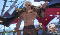 Rule 34 | 1boy, abs, artist request, bara, bara pirate, bare pectorals, chibi, coat, coat on shoulders, coin, dark-skinned male, dark skin, eyepatch, facial hair, feet out of frame, foreshortening, goatee stubble, gold coin, highres, large pectorals, leather, leather pants, male focus, motion blur, muscular, muscular male, navel, nipples, no shirt, original, pants, pectorals, pirate, sailing ship, scar, scar on arm, scar on chest, scar on stomach, short hair, sideburns, smile, standing, stomach, stubble, thick thighs, thighs, throwing money