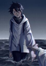 Rule 34 | 1boy, bamehus, black hair, black pants, blurry, body writing, coat, commentary request, depth of field, emma (yakusoku no neverland), hair between eyes, highres, holding another&#039;s wrist, hood, hood down, hooded coat, horizon, jacket, long sleeves, looking at viewer, male focus, neck tattoo, ocean, outdoors, outstretched arm, pants, pov, pov hands, ray (yakusoku no neverland), short hair, sky, solo focus, tattoo, twilight, wading, water, wet, wet hair, white coat, yakusoku no neverland