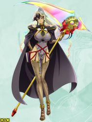 Rule 34 | 1girl, black hair, breasts, female focus, gradient background, large breasts, omc, ponytail, scythe, solo, tagme