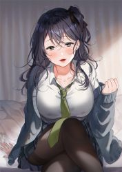 Rule 34 | 1girl, bed, black hair, blue cardigan, blue eyes, blush, breasts, cardigan, collarbone, cowboy shot, crossed legs, green necktie, hair ribbon, hanako151, highres, large breasts, light particles, lips, long hair, looking at viewer, messy hair, mole, mole under eye, necktie, open mouth, original, pantyhose, ribbon, school uniform, sitting, skirt, smile, solo, sweater