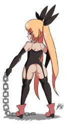 Rule 34 | 1girl, alternate costume, ankle boots, ass, bad id, bad tumblr id, bigdead, black gloves, black thighhighs, blazblue, blonde hair, boots, chain, dominatrix, from behind, gloves, hair ribbon, highres, long hair, looking back, no panties, rachel alucard, red eyes, ribbon, solo, spaghetti strap, thighhighs, twintails, very long hair