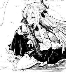 Rule 34 | 1girl, apex legends, assault rifle, azusa (blue archive), blue archive, chinese commentary, chubb, crossover, dress, flower, grass, greyscale, gun, hair between eyes, hair flower, hair ornament, hair ribbon, halo, highres, jacket, long hair, long hair between eyes, monochrome, r-301 carbine, ribbon, rifle, solo, squatting, trigger discipline, very long hair, weapon, wings
