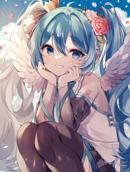 Rule 34 | 1girl, ahoge, black skirt, black sleeves, black thighhighs, blue eyes, blue hair, blue sky, blush, breasts, cloud, commentary, crown, day, detached sleeves, feathered wings, feet out of frame, flower, grin, hair between eyes, hair flower, hair intakes, hair ornament, hands up, hatsune miku, highres, knees up, long hair, long sleeves, mini crown, petals, pink flower, pleated skirt, red flower, red rose, rose, see-through, see-through sleeves, shirt, skirt, sky, sleeveless, sleeveless shirt, small breasts, smile, solo, squatting, thighhighs, twintails, very long hair, vocaloid, white shirt, white wings, wide sleeves, wings, yuni (irohasuiroiro)
