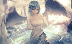 Rule 34 | 1girl, blue hair, braid, breasts, brown eyes, cleavage, closed mouth, collarbone, dress, elbow gloves, feathered wings, gloves, hair between eyes, hand on own chest, hand up, highres, large breasts, looking at viewer, misaki nonaka, moira (nijisanji), mole, mole on breast, nijisanji, short sleeves, smile, solo, standing, strapless, strapless dress, virtual youtuber, white dress, white gloves, white wings, wings