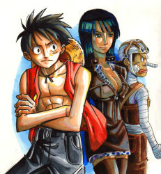 Rule 34 | 1girl, 2boys, bandages, black hair, breasts, cleavage, crossed arms, enies lobby, goggles, hat, monkey d. luffy, multiple boys, nico robin, one piece, open clothes, open vest, straw hat, usopp, vest
