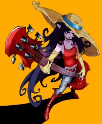 Rule 34 | 1girl, absurdres, adventure time, bass guitar, belt, belt buckle, black hair, buckle, collarbone, colored skin, denim, elbow gloves, electric guitar, frown, full body, gloves, grey skin, guitar, hat, highres, instrument, jeans, kekel, long hair, marceline abadeer, music, off shoulder, pants, parted lips, playing instrument, pointy ears, solo, standing, straw hat, sun hat, tank top, yellow background