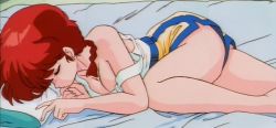 Rule 34 | 1girl, anime screenshot, ass, braid, breasts, cleavage, gender request, genderswap, large breasts, lying, no bra, ranma-chan, ranma 1/2, red hair, saotome ranma, screencap, shorts, single braid, sleeping, solo, stitched, third-party edit