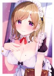 Rule 34 | 1girl, apron, blurry, blurry background, blush, breasts, closed mouth, commentary request, depth of field, detached collar, highres, indoors, large breasts, light brown hair, looking at viewer, maid, maid apron, maid headdress, medium hair, mole, mole on breast, original, purple eyes, rouka (akatyann), short sleeves, solo, tearing up, tears, waist apron, wrist cuffs