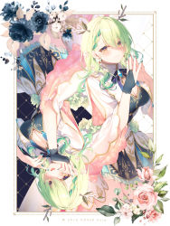 Rule 34 | 1girl, antlers, black dress, blue nails, braid, breasts, bridal gauntlets, capelet, ceres fauna, cleavage, closed mouth, dark persona, dress, earrings, fingernails, flower, green flower, green hair, green rose, hair between eyes, hands up, highres, hololive, hololive english, horns, jewelry, long hair, looking at viewer, medium breasts, mole, mole under eye, multiple views, nail polish, pink flower, pink rose, rose, rotational symmetry, smile, toosaka asagi, virtual youtuber, white capelet, wide sleeves, yandere, yellow eyes