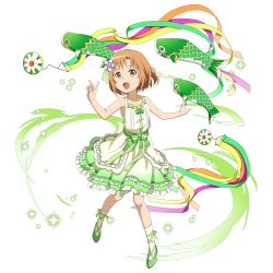 Rule 34 | 1girl, :d, aged down, ankle ribbon, asuna (sao), brown eyes, brown hair, collarbone, dress, fish, flower, frilled dress, frills, full body, green footwear, green ribbon, hair flower, hair ornament, hair ribbon, high heels, highres, layered dress, leg ribbon, looking at viewer, official art, open mouth, outstretched arms, pumps, purple flower, ribbon, short hair, simple background, sleeveless, sleeveless dress, smile, socks, solo, sundress, sword art online, sword art online: code register, sword art online: memory defrag, transparent background, white background, white socks