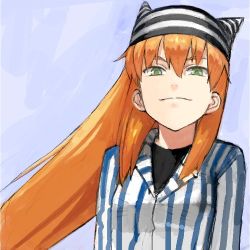 Rule 34 | 1girl, black shirt, breasts, character request, female focus, green eyes, hair between eyes, hat, long sleeves, looking at viewer, orange hair, shirt, smile, solo, striped clothes, striped headwear, striped shirt, upper body, wind, yu 65026