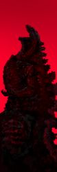 Rule 34 | claws, cowboy shot, from side, genso, godzilla, godzilla (series), godzilla (shin), highres, looking down, monster, open mouth, red background, red theme, roaring, scales, sharp teeth, shin godzilla, simple background, solo, teeth