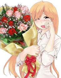 Rule 34 | 1girl, blonde hair, bouquet, flower, jewelry, long hair, looking at viewer, medici-ke (gihhl.lx7e), one eye closed, open mouth, original, pink rose, red rose, ring, rose, shirt, solo, tears, white background, white shirt, wiping tears
