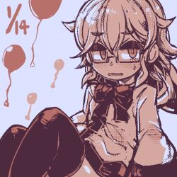 Rule 34 | 1girl, artist self-insert, balloon, birthday, bow, bowtie, commentary, commentary request, dated, english commentary, glasses, hair between eyes, hood, hood down, hoodie, long sleeves, looking at viewer, monochrome, original, parted lips, partial commentary, rectangular eyewear, semi-rimless eyewear, short hair, simple background, sitting, solo, sweatdrop, thick eyebrows, thighhighs, toromaguro (torotei), torotei, under-rim eyewear, white background