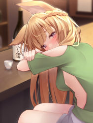 Rule 34 | 1girl, bar (place), bare shoulders, blonde hair, blush, bottle, braid, breasts, choko (cup), clothing cutout, commentary request, counter, cup, erune, from side, granblue fantasy, green shirt, indoors, keima ron, light particles, long hair, looking at viewer, looking to the side, medium breasts, miniskirt, purple eyes, sake bottle, shirt, short sleeves, shoulder cutout, sideboob, sideless outfit, sitting, skirt, solo, very long hair, white skirt, yuisis (granblue fantasy)