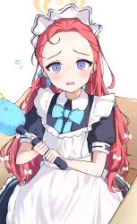 Rule 34 | 1girl, absurdres, apron, black dress, blue archive, blue bow, blue bowtie, blush, bow, bowtie, box, caffeinechara, cardboard box, collared dress, commentary request, dress, forehead, frilled dress, frills, halo, highres, holding, long hair, looking at viewer, maid apron, maid headdress, official alternate costume, open mouth, pink hair, puffy short sleeves, puffy sleeves, purple eyes, ringed eyes, short sleeves, simple background, sitting, solo, sweat, white apron, white background, yellow halo, yuzu (blue archive), yuzu (maid) (blue archive)