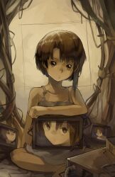Rule 34 | 1girl, absurdres, brown eyes, brown hair, cable, computer, crt, dress, hair ornament, hairclip, highres, iwakura lain, kornod, looking at viewer, monitor, multiple views, serial experiments lain, short hair, sitting, solo, technology, white dress, wire