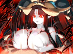 Rule 34 | 1girl, bare shoulders, black hair, breasts, commentary request, demon girl, demon horns, highres, horns, huge breasts, long hair, nipples, original, paizuri, pale skin, pointy ears, pure white demon (succubus prison), red eyes, shiki (psychedelic g2), succubus prison, third eye, very long hair