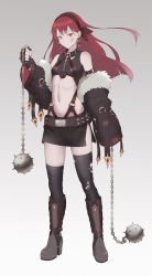 Rule 34 | 1girl, arm belt, ball and chain (weapon), bare shoulders, black jacket, black thighhighs, boots, breasts, chain, cheshirrr, closed mouth, dual wielding, earrings, floating hair, full body, gradient background, grey background, grey footwear, hairband, high heel boots, high heels, highres, holding, holding weapon, hoop earrings, injury, jacket, jewelry, knee boots, long hair, long sleeves, looking at viewer, miniskirt, navel, necklace, o-ring, off-shoulder jacket, off shoulder, orange eyes, original, red hair, side slit, simple background, skirt, sleeves past wrists, small breasts, solo, spiked ball and chain, spikes, standing, thighhighs, torn clothes, torn thighhighs, weapon, wide sleeves