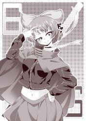 Rule 34 | 0-den, 1girl, :&gt;, absurdres, bandages, blush, bow, cloak, closed mouth, commentary request, disembodied hand, greyscale, hair bow, hand in own hair, hand on own hip, highres, long sleeves, looking at viewer, midriff, monochrome, navel, sekibanki, sekibanki day, short hair, skirt, solo, touhou, variant set