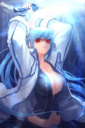 Rule 34 | 1girl, belt, blue hair, breasts, cleavage, coat, electricity, large breasts, long hair, lowres, luthica preventer, open clothes, red eyes, skirt, solo, sword, sword girls, twintails, weapon
