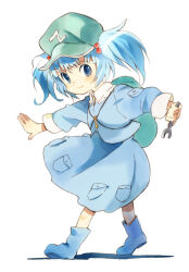 Rule 34 | 1girl, backpack, bag, blue eyes, blue footwear, blue hair, blue shirt, blue skirt, boots, clenched hand, closed mouth, dot nose, flat cap, frilled shirt collar, frills, full body, green bag, green hat, hair bobbles, hair ornament, hat, heel up, holding, holding wrench, kawashiro nitori, key, light blush, long sleeves, looking at viewer, looking to the side, medium skirt, ogawa maiko, outstretched arms, pocket, rubber boots, shirt, simple background, skirt, skirt set, smile, solo, split mouth, touhou, two side up, walking, white background, wing collar, wrench, wrist extended