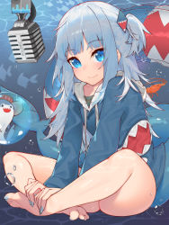 Rule 34 | 1girl, ass, bloop (gawr gura), blue eyes, blue hair, blue jacket, blue nails, blunt bangs, closed mouth, fingernails, fins, fish, fish tail, gawr gura, gawr gura (1st costume), hair ornament, highres, hololive, hololive english, indian style, jacket, legs, long hair, long sleeves, looking at viewer, microphone, nail polish, shark tail, shrimp, sitting, smile, solo, tail, toes, underwater, virtual youtuber, waterring