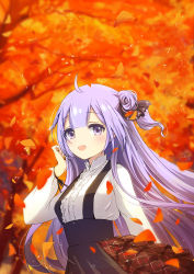 Rule 34 | 1girl, :d, autumn, autumn leaves, azur lane, black skirt, blurry, blurry background, blush, breasts, center frills, commentary request, depth of field, frills, hand up, highres, long hair, long sleeves, medium breasts, open mouth, petals, puffy long sleeves, puffy sleeves, purple eyes, purple hair, shirt, skirt, smile, solo, sukireto, suspender skirt, suspenders, tree, unicorn (azur lane), very long hair, white shirt
