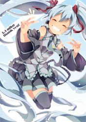 Rule 34 | 1girl, 39, ^ ^, blue hair, boots, character name, closed eyes, detached sleeves, double v, closed eyes, female focus, grin, hair ribbon, hatsune miku, headset, long hair, necktie, ribbon, skirt, smile, solo, thigh boots, thighhighs, twintails, umiko (munemiu), v, very long hair, vocaloid