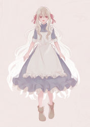 Rule 34 | 1girl, apron, arms at sides, blue dress, boots, brown footwear, commentary, dress, frilled apron, frilled dress, frills, full body, hair ribbon, highres, kagerou project, kozakura marry, long hair, open mouth, pink eyes, pink ribbon, ribbon, short sleeves, smile, solo, very long hair, white apron, white hair