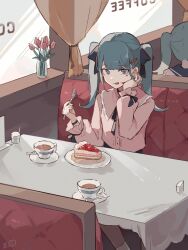 Rule 34 | 2girls, :p, absurdres, black ribbon, black sailor collar, booth seating, bottle, cafe, cake, cake slice, cinderella (vocaloid), collar, collared shirt, commentary, cup, dual persona, ear piercing, facial mark, flower, food, food on face, fork, frilled collar, frills, hair ornament, hair ribbon, hatsune miku, heart, heart hair ornament, highres, holding, holding fork, indoors, looking at viewer, medium hair, mikuni144, multiple girls, neck ribbon, piercing, pink shirt, red flower, restaurant, ribbon, sailor collar, saucer, shirt, signature, sitting, spoon, symbol-only commentary, table, teacup, tongue, tongue out, tulip, twintails, upper body, vampire (vocaloid), vase, vocaloid, wrist ribbon