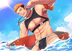 Rule 34 | 1boy, abs, absurdres, bara, bare pectorals, bare shoulders, beard, black male swimwear, blue eyes, brown hair, bulge, chest harness, cloud, day, facial hair, gyee, harness, highres, holding, holding surfboard, large pectorals, long sideburns, looking at viewer, male focus, male swimwear, minghecanyue, multicolored hair, muscular, navel, nipples, no tattoo, one eye closed, open mouth, orange hair, pectorals, pointing, pointing at self, rand (gyee), revealing clothes, sideburns, simple background, sky, smile, solo, stubble, sunlight, surfboard, swimsuit, thong, upper body, water, water drop