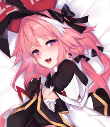 Rule 34 | 1boy, :d, animal ears, astolfo (fate), astolfo (saber) (fate), astolfo (saber) (third ascension) (fate), bad id, bad pixiv id, bed sheet, black bow, black bowtie, black gloves, blush, bow, bowtie, clothes lift, crossdressing, dakimakura (medium), fake animal ears, fang, fate/grand order, fate (series), from side, gloves, hair bow, hair intakes, hairband, looking at viewer, male focus, multicolored hair, open mouth, pillow, pink hair, purple eyes, rabbit ears, skirt, skirt lift, smile, solo, streaked hair, trap, white hair, wing collar, yaguo