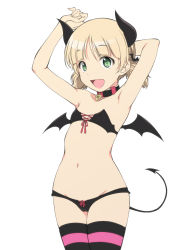 Rule 34 | 1girl, :d, aki (girls und panzer), armpits, arms behind head, arms up, bad id, bad twitter id, bat hair ornament, bikini, black bikini, black choker, black horns, black tail, black thighhighs, black wings, choker, cowboy shot, demon horns, demon tail, demon wings, flat chest, girls und panzer, green eyes, hair ornament, highres, horns, iwami kyuuto, light brown hair, looking at viewer, low twintails, navel, open mouth, pink thighhighs, short hair, short twintails, simple background, skindentation, smile, solo, strapless, strapless bikini, swimsuit, tail, thighhighs, twintails, white background, wings
