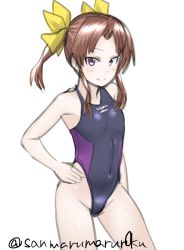 Rule 34 | 1girl, 30-06, alternate costume, bad id, bad pixiv id, black one-piece swimsuit, brown hair, competition swimsuit, cowboy shot, flat chest, hair ribbon, hand on own hip, highleg, highleg swimsuit, highres, kagerou (kancolle), kantai collection, looking at viewer, navel, one-piece swimsuit, purple eyes, ribbon, solo, swimsuit, twintails, twitter username, white background, yellow ribbon