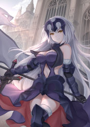 Rule 34 | absurdres, armor, armored dress, banner, breasts, cape, clark (159123), cleavage, cleavage cutout, clothing cutout, commentary request, fate/grand order, fate (series), fur-trimmed cape, fur collar, fur trim, gauntlets, hair between eyes, headpiece, highres, holding, holding sword, holding weapon, jeanne d&#039;arc (fate), jeanne d&#039;arc alter (avenger) (fate), jeanne d&#039;arc alter (avenger) (third ascension) (fate), jeanne d&#039;arc alter (fate), large breasts, outdoors, short hair, silver hair, solo, sword, thighhighs, tsurime, weapon, yellow eyes