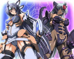 Rule 34 | 00s, 2girls, :d, android, armor, back-to-back, bare shoulders, black gloves, black legwear, blue eyes, blue hair, breasts, cameltoe, cleavage, cleavage cutout, clothing cutout, contrast, covered erect nipples, cowboy shot, dark-skinned female, dark skin, dress, elbow gloves, eyes visible through hair, fat mons, from below, garter straps, gloves, groin, hand on thigh, head tilt, headgear, kos-mos, kos-mos ver. 4, lace, lace-trimmed gloves, lace-trimmed legwear, lace trim, large breasts, leotard, long hair, looking at viewer, multiple girls, neon trim, open mouth, outline, panties, pantyshot, red eyes, shiny skin, short dress, side cutout, silver hair, smile, standing, t-elos, taro, taut clothes, thighhighs, underboob, underboob cutout, underwear, upskirt, very long hair, xenosaga, xenosaga episode iii