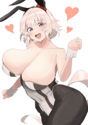 Rule 34 | 1girl, absurdres, alternate costume, animal ears, bare shoulders, black pantyhose, blush, bow, breasts, cleavage, commentary request, cowboy shot, curren chan (umamusume), dashi kani, ear bow, ear covers, grey hair, heart, highleg, highleg leotard, highres, horse ears, horse girl, horse tail, large breasts, leotard, looking at viewer, nontraditional playboy bunny, open mouth, pantyhose, red bow, simple background, smile, solo, strapless, strapless leotard, striped clothes, striped leotard, tail, teeth, umamusume, upper teeth only, white background, wrist cuffs