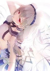 Rule 34 | 1girl, absurdly long hair, azur lane, black choker, black neckwear, black sailor collar, bow, dress bow, breasts, choker, dress, dress bow, feather dress, flower, formidable (azur lane), formidable (timeless classics) (azur lane), from above, hair between eyes, hair ornament, hand in own hair, highres, imo bouya, long hair, looking at viewer, looking up, official alternate costume, platinum blonde hair, red eyes, sailor collar, sideboob, solo, twintails, two-tone dress, veil, very long hair, white dress, white flower