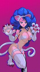 Rule 34 | 1girl, animal ears, animal hands, bare shoulders, blue hair, breasts, cat ears, cat tail, felicia (vampire), highres, large breasts, lips, long hair, sleeveless, tail, vampire (game), very long hair, white fur, zukupow