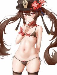 Rule 34 | 1girl, absurdres, bare shoulders, bikini, black bikini, black hat, black thighhighs, blush, breasts, brown hair, closed eyes, commentary request, cowboy shot, di qi gang guang, fang, flower, genshin impact, hat, highres, hu tao (genshin impact), index finger raised, long hair, navel, open mouth, panties, plum blossoms, red eyes, side-tie bikini bottom, side-tie panties, simple background, small breasts, solo, stomach, string bikini, swimsuit, symbol-shaped pupils, thighhighs, top hat, twintails, underboob, underwear, very long hair, white background