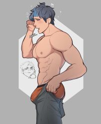Rule 34 | 1boy, abs, bara, blue hair, character request, closed eyes, highres, i&#039;ve never seen a guy recreate this successfully tbh (meme), jeshiikun, male focus, male underwear, meme, muscular, muscular male, open mouth, orange male underwear, pectorals, simple background, solo, underwear, yawning
