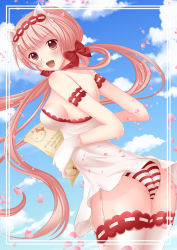 Rule 34 | 1girl, animal ears, breasts, brown eyes, brown hair, cat ears, day, euforia, garter straps, gloves, hair ribbon, hello kitty, long hair, looking at viewer, medium breasts, open mouth, original, red ribbon, ribbon, sanrio, sideboob, sky, solo, striped clothes, striped thighhighs, thighhighs, white gloves, white thighhighs