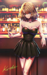 Rule 34 | 1girl, alternate costume, arm rest, bar (place), black dress, blue eyes, blurry, blurry background, bob cut, breasts, champagne flute, cleavage, collarbone, cup, dress, drinking glass, glint, green eyes, heterochromia, highres, idolmaster, idolmaster cinderella girls, jewelry, koya (koya x 00), leaning back, lens flare, light smile, looking at viewer, medium breasts, mole, mole under eye, necklace, pearl necklace, signature, solo, strapless, strapless dress, takagaki kaede