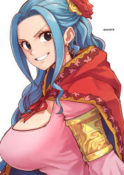 Rule 34 | 1girl, aosora2823, armlet, artist name, blue eyes, blue hair, blush, breasts, cape, clenched teeth, commentary, earrings, highres, hoop earrings, jewelry, large breasts, long hair, long sleeves, looking at viewer, nefertari vivi, one piece, red cape, simple background, smile, solo, teeth, white background