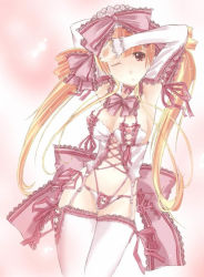 Rule 34 | 1girl, abubu, blonde hair, bow, bow legwear, bow panties, breasts, brown eyes, bustier, corset, detached sleeves, lace, lace-trimmed legwear, lace trim, lingerie, nippleless clothes, nipples, one eye closed, panties, pink bow, pink panties, pink thighhighs, revealing clothes, side-tie panties, small breasts, solo, thighhighs, underwear, underwear only, wink