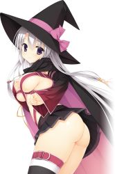 Rule 34 | 1girl, ass, ayachi nene, bad id, bad yandere id, belt bra, blush, bow, breasts, hair ornament, hat, hat bow, jewelry, large breasts, long hair, looking at viewer, muririn, no panties, pendant, purple eyes, sanoba witch, silver hair, skirt, smile, solo, transparent background, witch hat, yuzu-soft