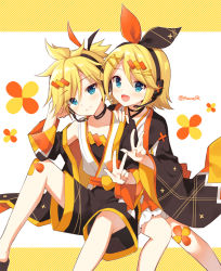 Rule 34 | 1boy, 1girl, :d, black shorts, blonde hair, blue eyes, blush, brother and sister, closed mouth, commentary request, diagonal stripes, feet out of frame, hair between eyes, hair ornament, hairclip, hand up, headphones, headset, kagamine len, kagamine rin, long sleeves, looking at viewer, magical mirai len, magical mirai rin, mauve, open mouth, short shorts, shorts, siblings, sitting, smile, striped, striped background, twins, twitter username, vocaloid, w, white background, wide sleeves, x hair ornament