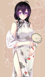 Rule 34 | 1girl, ahoge, alternate hairstyle, bad id, bad pixiv id, bare shoulders, beifeng han, breasts, brown background, china dress, chinese clothes, closed mouth, cowboy shot, dress, earrings, floral print, glowing, glowing eyes, hair between eyes, hair bun, hand fan, highres, holding, jewelry, jpeg artifacts, large breasts, looking at viewer, miyaura sanshio, original, paper fan, revision, shawl, side slit, simple background, single hair bun, sleeveless, sleeveless dress, smile, solo, standing, tassel, thighs, uchiwa, white dress